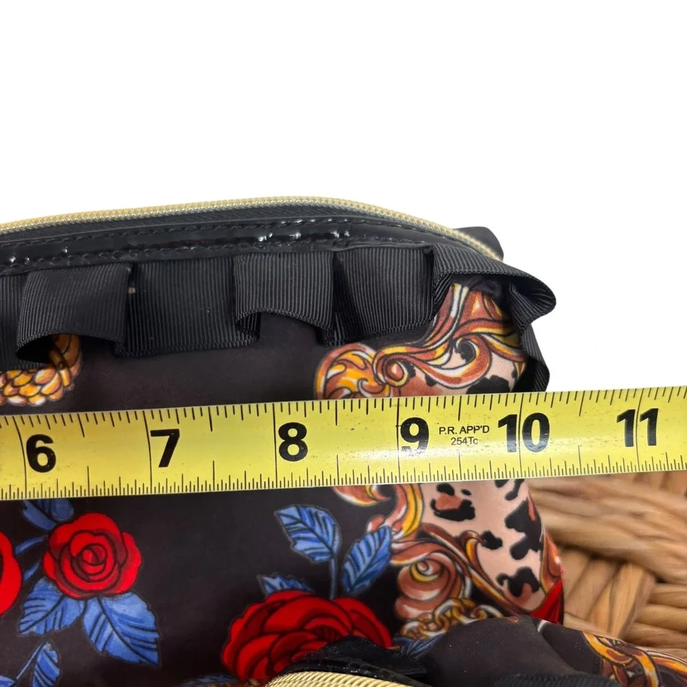 Betsey Johnson 2pc Cosmetic Bag Set Floral Leopard Ruffle Black Red Gold Rose